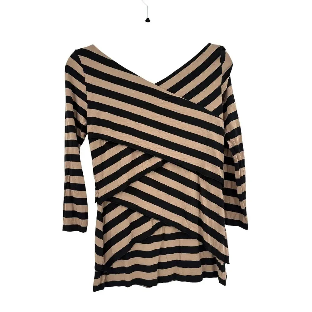 2/$30 VINCE CAMUTO Top Size S Stretch Black Tan Stripe Asymmetrical Blouse - Picture 5 of 5